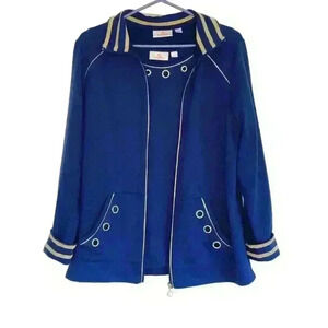 Quacker Factory Womens Size Medium Jacket Blue Gold Zip Bling Pockets Athleisure